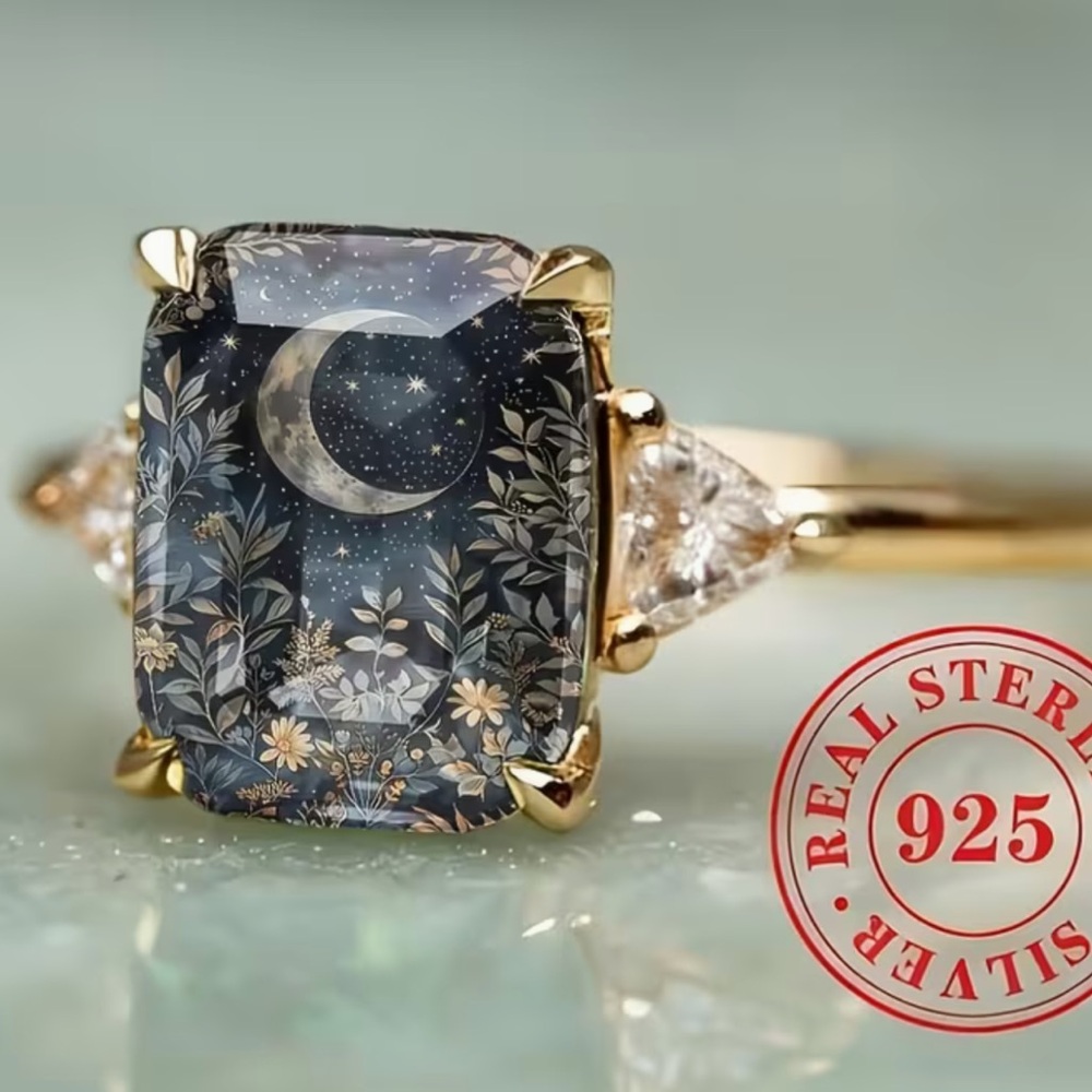 Soon NEW 9/20 Boho Sterling Silver Gold-Tone Moon Garden Ring - Midnight Blue
